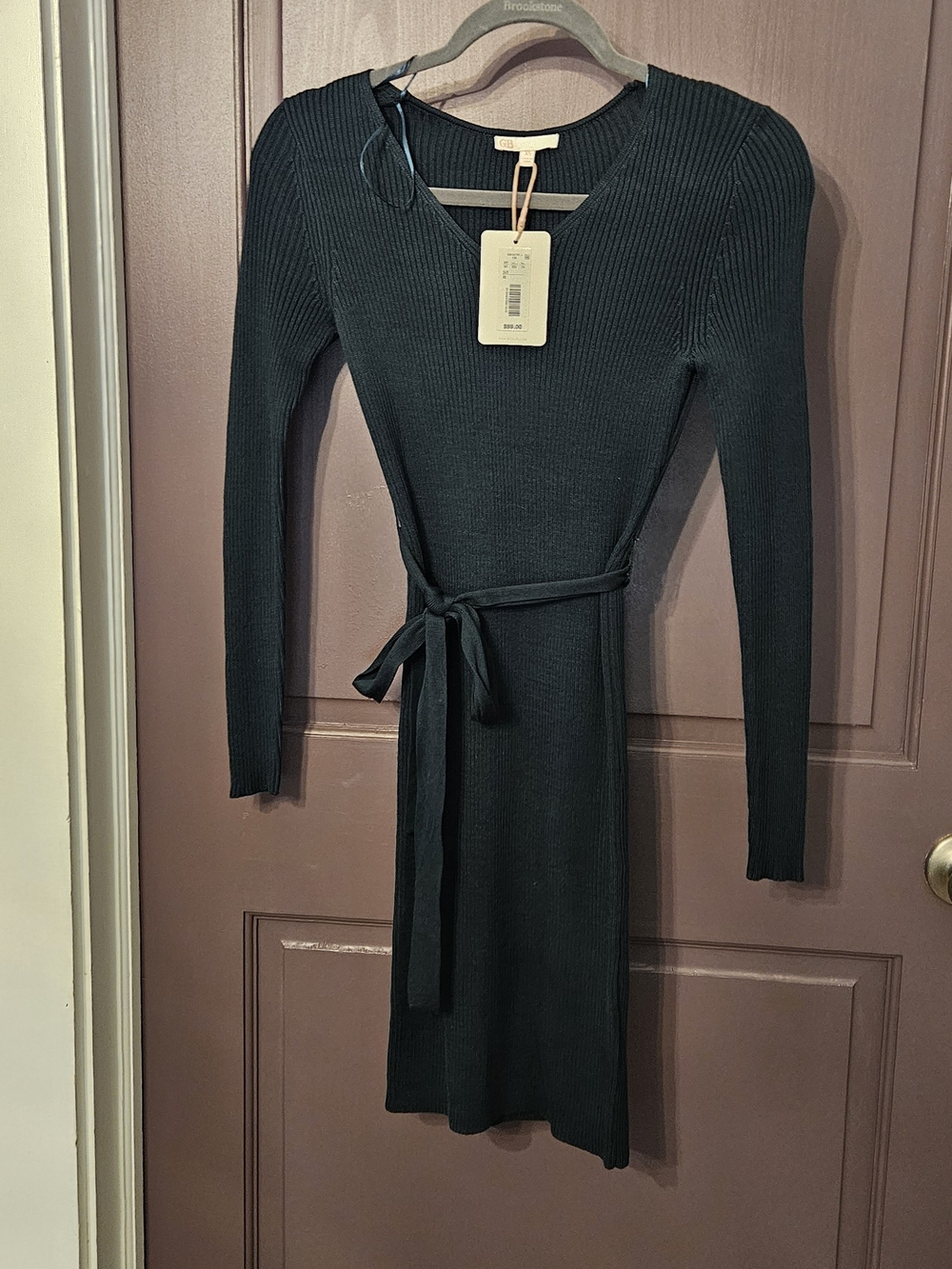 Gianni Bini Dark Green Ribbed Long Sleeve Belted Knit Dress